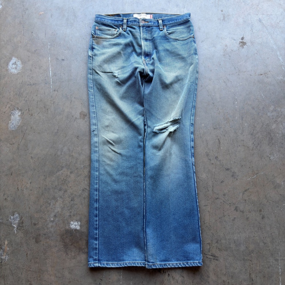 Levi's 517 Bootcut Jeans Mens 36x34 Faded Blue Distressed Thrashed Denim Pants‎